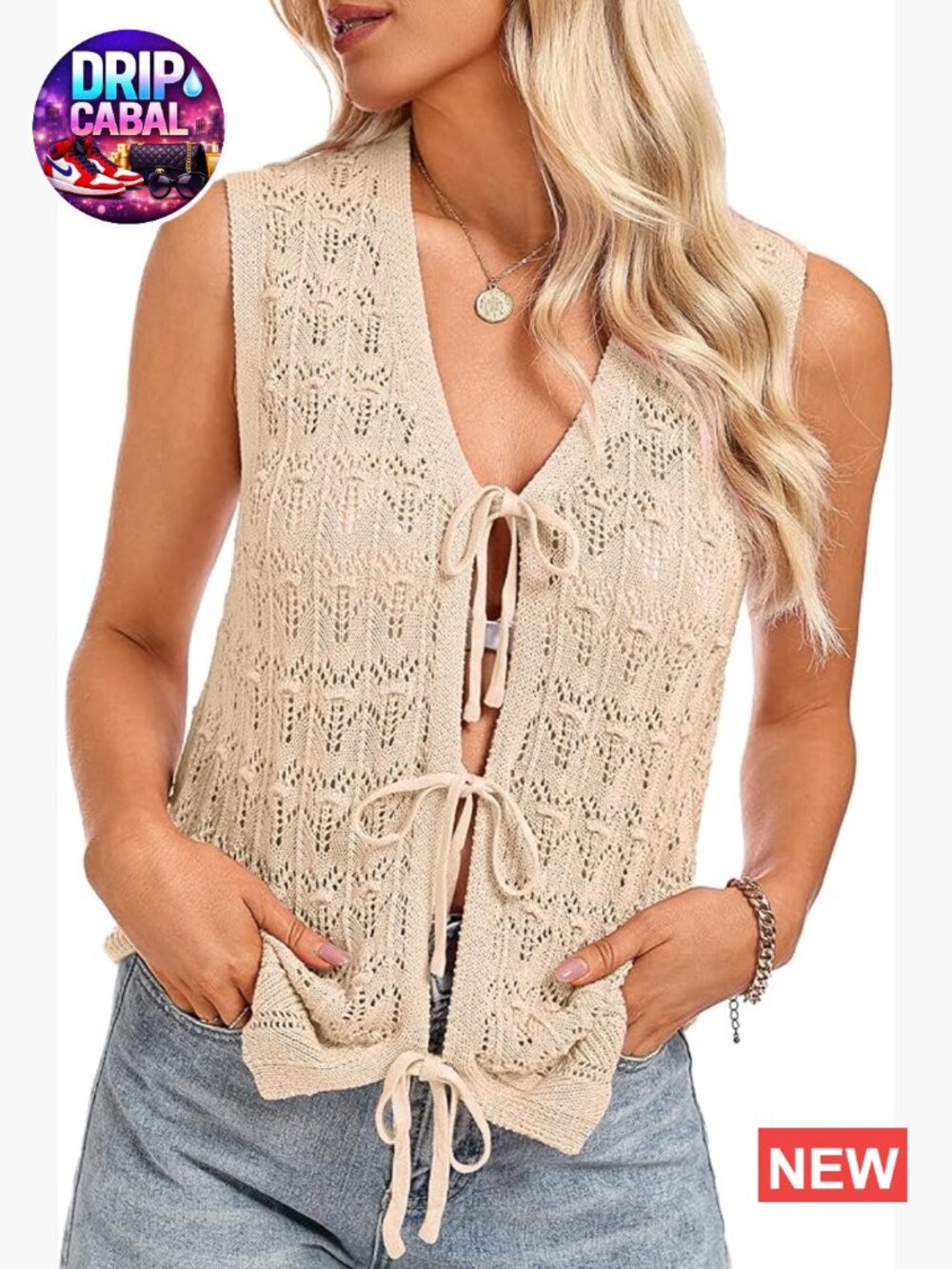Crochet Tie Front Sweater Vest, Boho Cover Up, Cute Y2K Summer Top